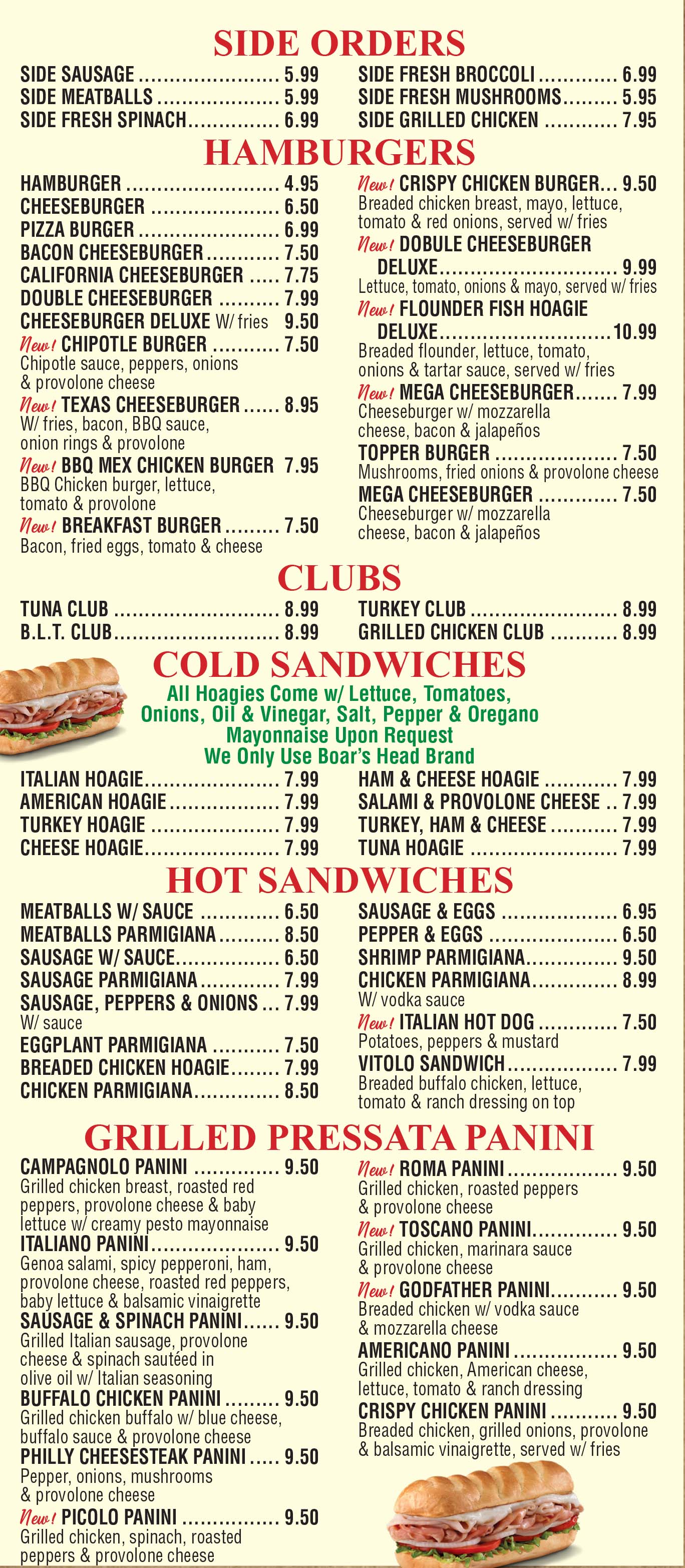 BURGERS- CLUBS - HOT & COLD SANDWICHES